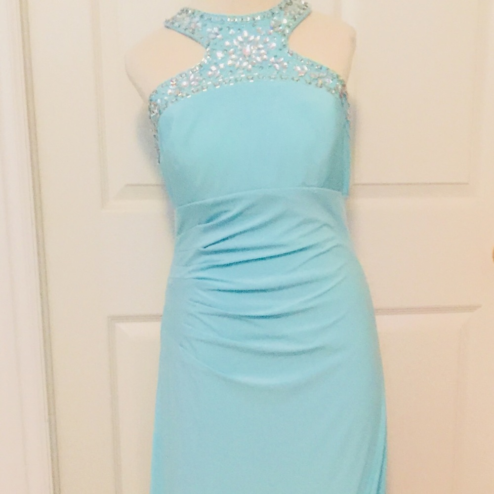 Xscape Brand Long Mint Blue Dress w/ Beaded Top